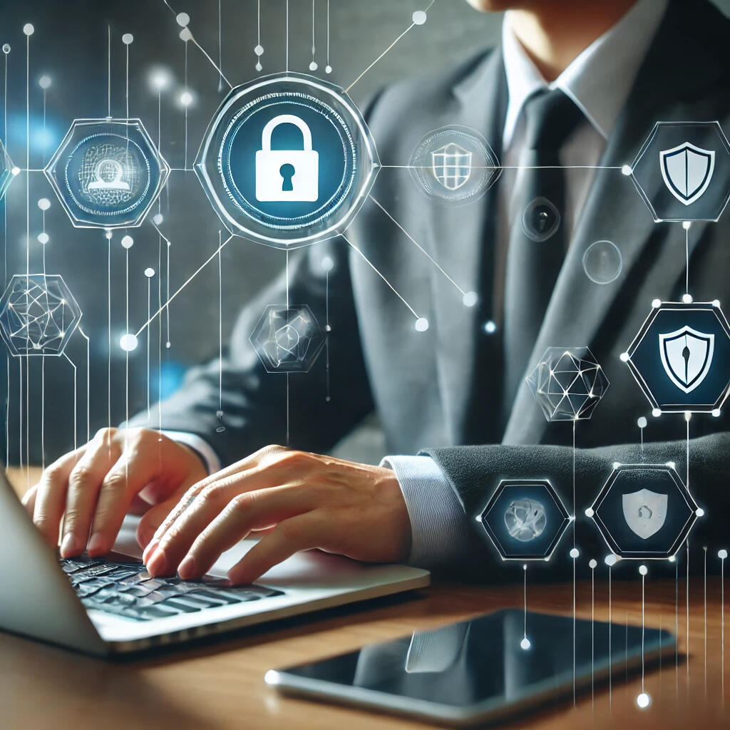 Cybersecurity expert working on a laptop with digital security icons like a padlock, shield, and network symbols in the background, set in a modern office.