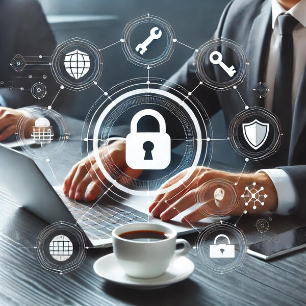 Person using a laptop surrounded by basic cybersecurity icons like a padlock, shield, and key, representing beginner-level cybersecurity training
