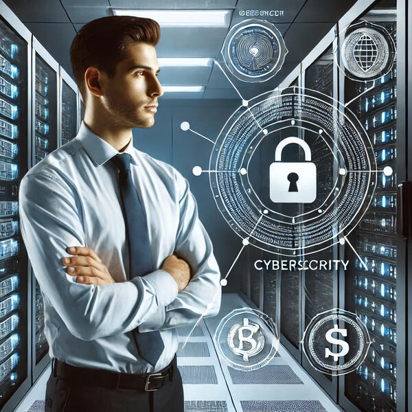 Professional in a secure server room with advanced network equipment and cryptographic symbols, representing advanced-level cybersecurity training.