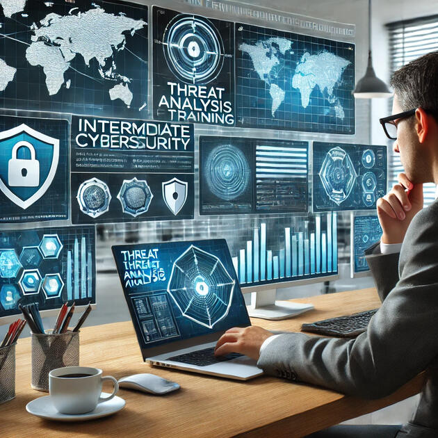 Cybersecurity analyst working with multiple screens displaying threat analysis data and security tools, representing intermediate-level cybersecurity training.