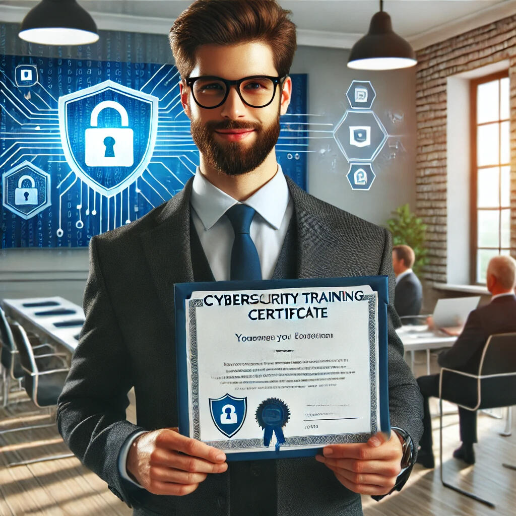 Man receiving a cybersecurity training certificate during a workshop, symbolizing professional achievement and successful course completion.